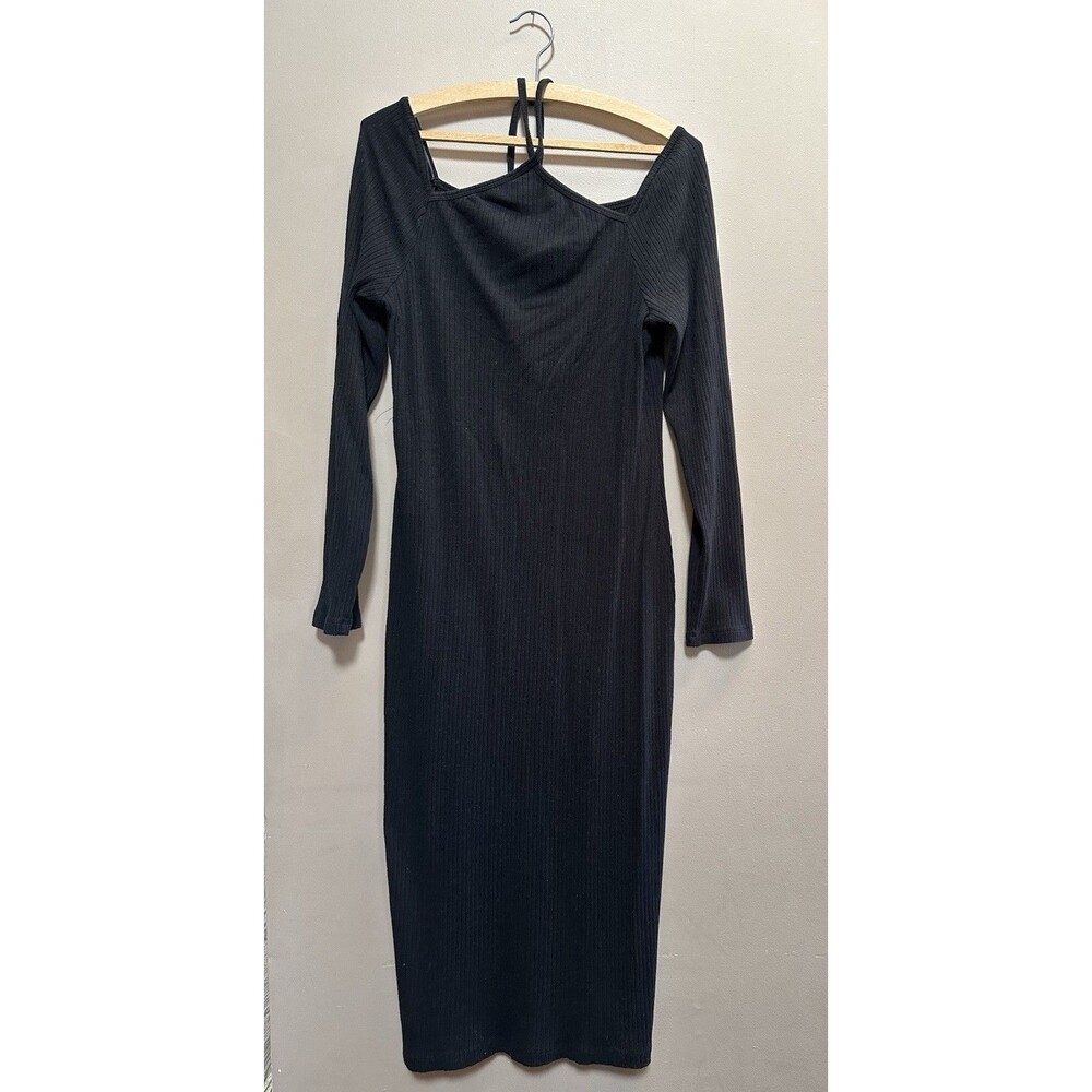 GAP Ribbed Knit‎ Cross Neck Long Sleeve Midi Black Dress Large Tall Cotton Blend